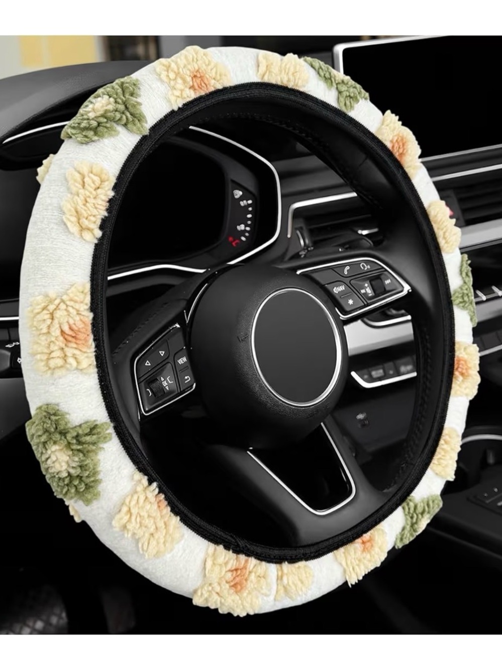 Sealed Never Been Used Plush Floral Steering Wheel Cover - Cream, Peach & Olive